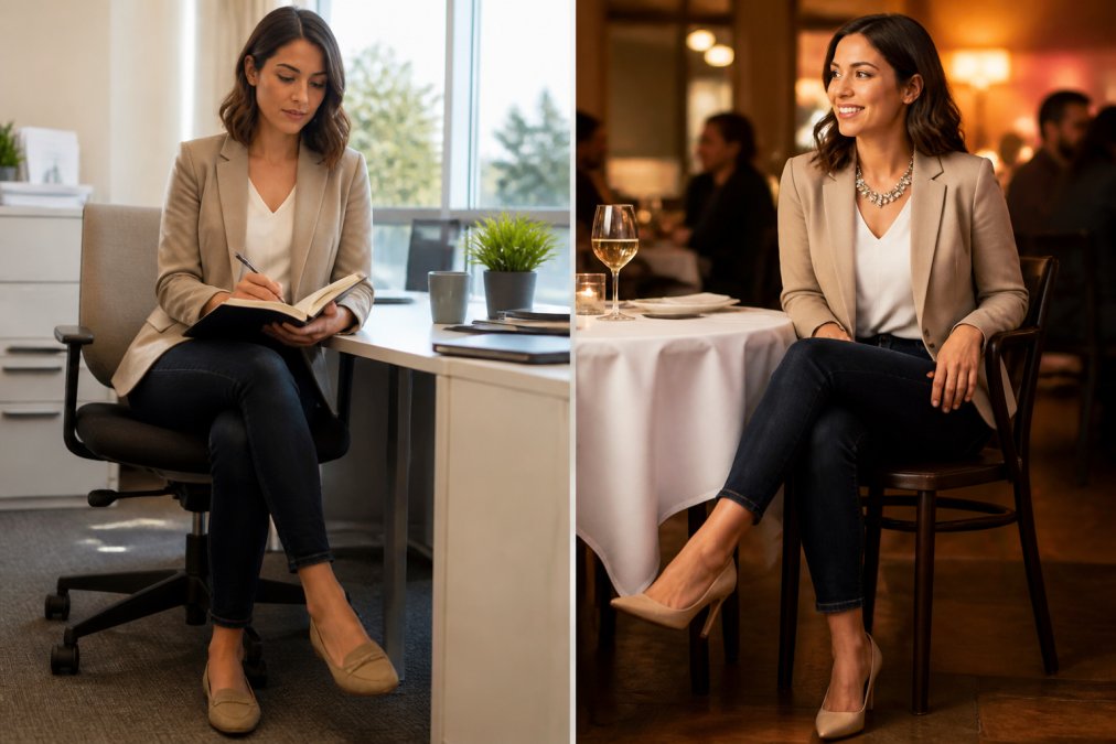 Woman wearing a blazer and jeans transitions her versatile apparel from a daytime office look to evening wear.