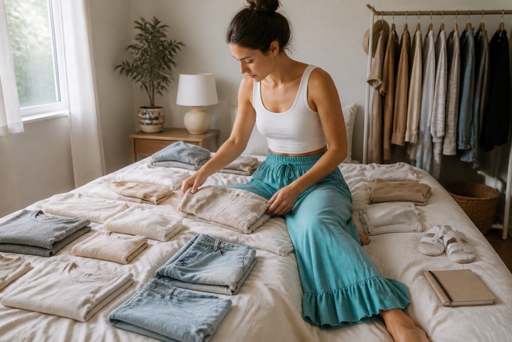 Woman organizing neutral-colored clothing items on a bed, carefully arranging basics and layering pieces in soft natural light from a window