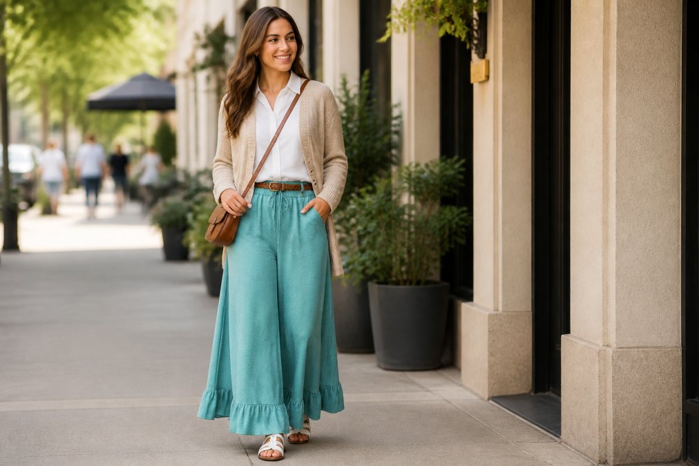 Woman wearing a neutral capsule outfit with wide-leg pants, a crisp long-sleeve blouse, and a cardigan sweater, styled with a braided belt and crossbody bag in natural daylight