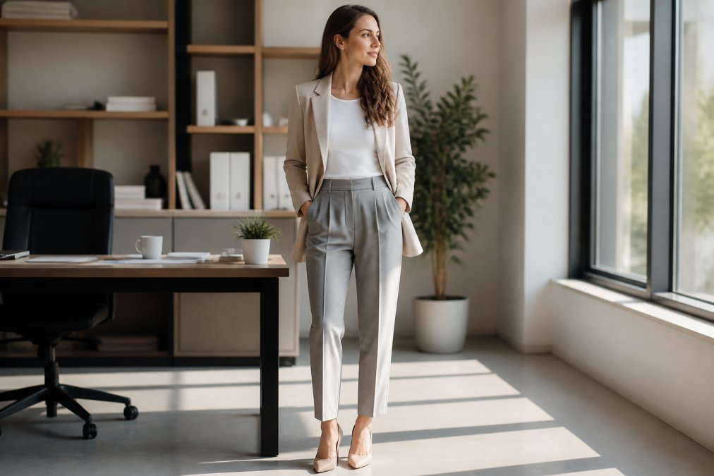 Professional woman wearing tailored grey trousers with a crisp white crew-neck top and a structured neutral blazer, standing in a bright modern office with natural window light streaming across her desk
