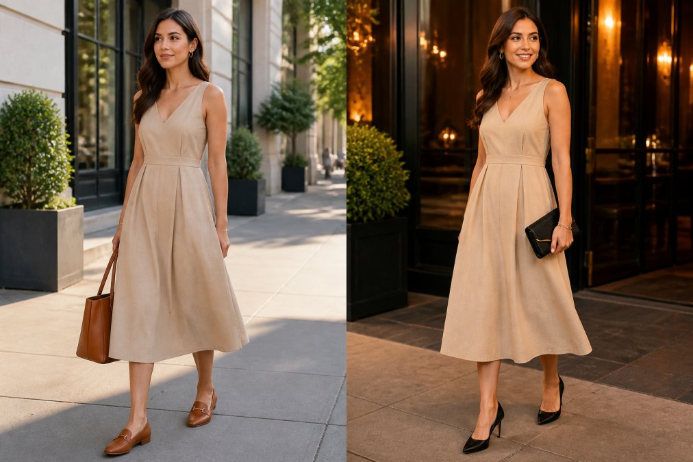 Woman in a midi-length neutral dress with flat leather shoes and a structured tote bag in bright daytime setting, then the same woman wearing the same dress with pointed-toe heels, a statement clutch, and evening jewellery in warm evening lighting