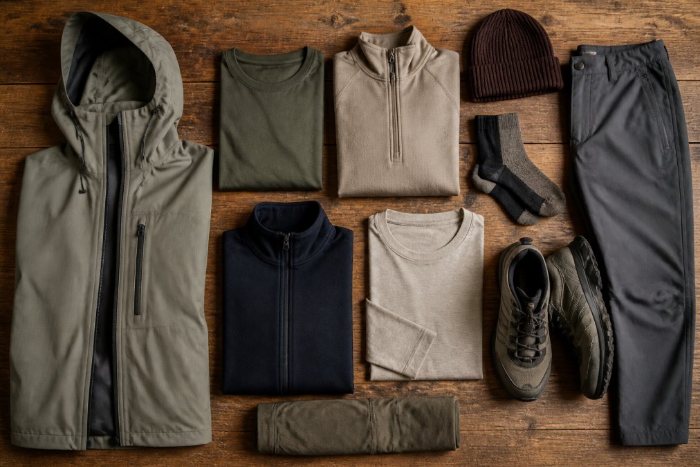 Flat lay of coordinated versatile clothing pieces in earth tones and neutral colors, merino wool base layers, technical jacket, stretch pants, and trail-to-street footwear, arranged on a natural wooden surface showing how items layer and coordinate together