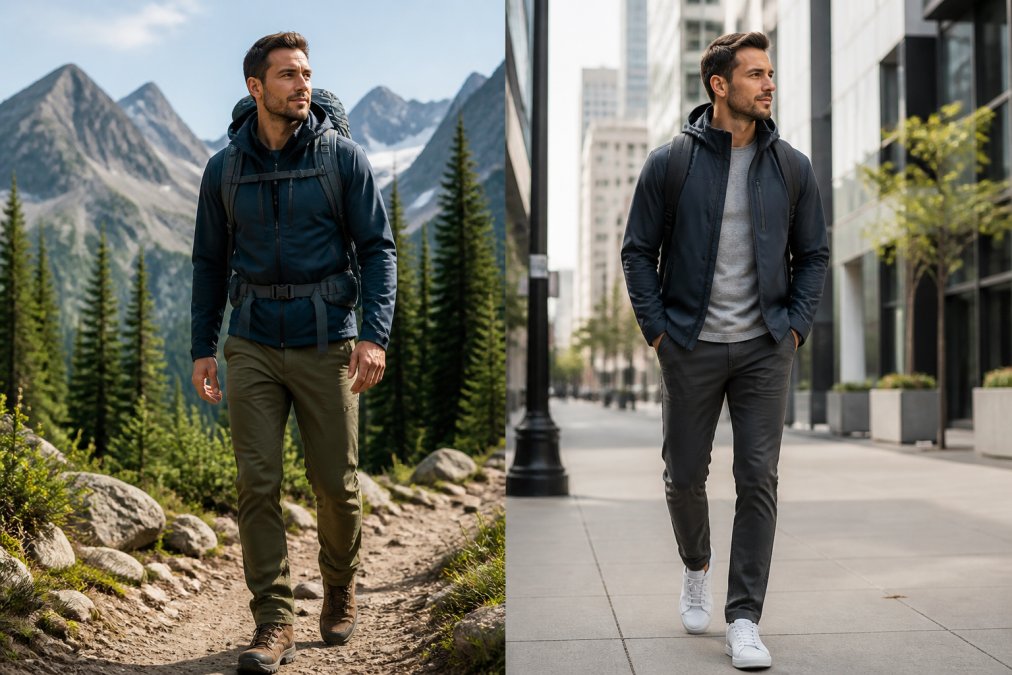 Active person wearing layered technical clothing transitioning from a mountain trail with forest backdrop to an urban street with modern buildings in background, demonstrating outfit versatility and seamless environment shift