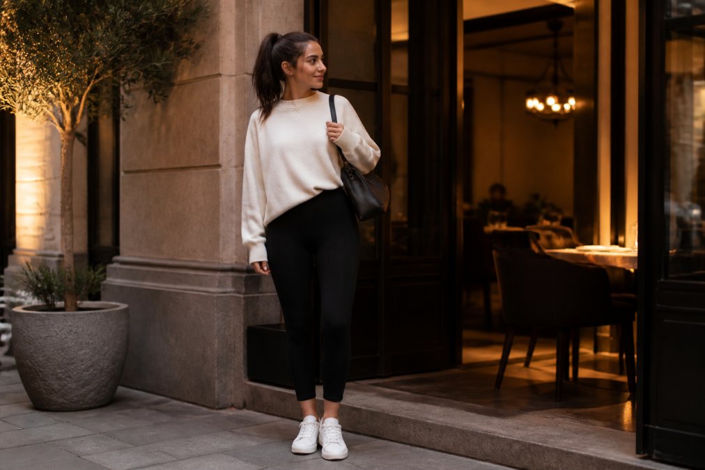 Person styled in high-waisted black leggings, cream oversized sweater, and white minimalist sneakers, standing in modern urban setting with warm evening lighting transitioning from street to restaurant entrance
