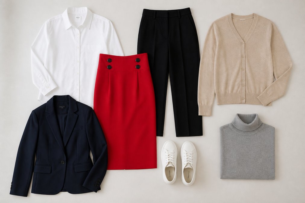 Flat lay of neutral-colored clothing basics arranged on a light background: crisp white button-up shirt, black tailored trousers, beige cardigan, white sneakers, simple navy blazer, and gray turtleneck, showing how these pieces coordinate together