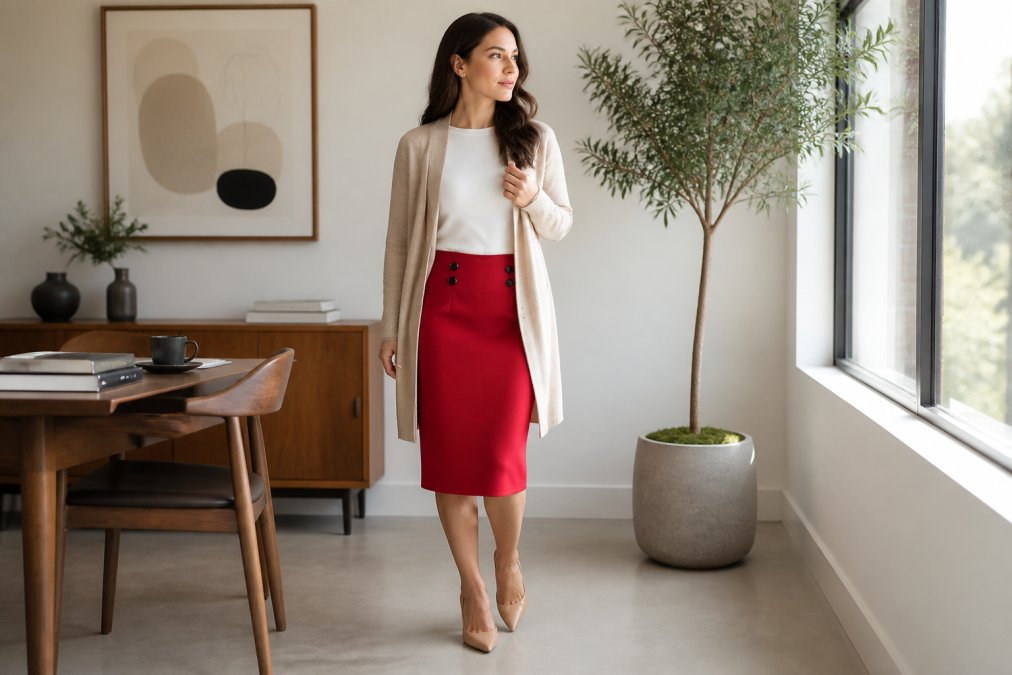 Professional woman wearing a versatile layered outfit: tailored navy trousers, simple white long-sleeve top, and open cardigan in beige, styled for both casual home office and professional in-person settings, natural office lighting