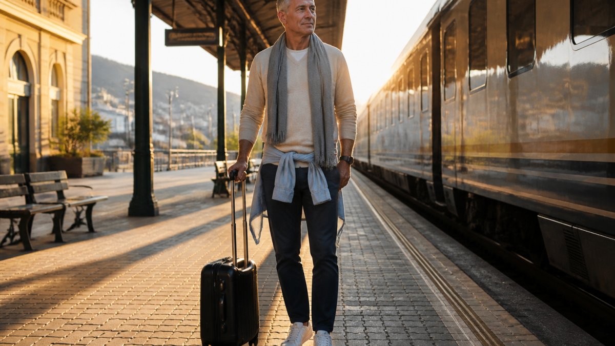 Traveler in layers standing on a European train platform with a rolling suitcase in the soft morning light