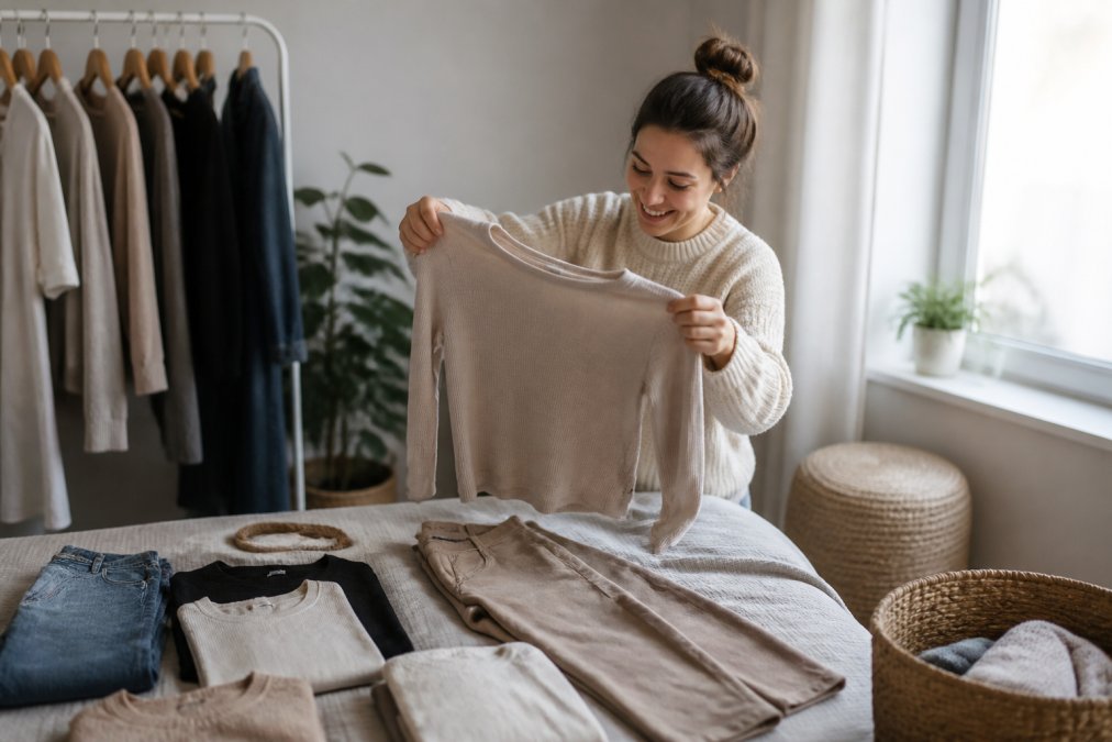 A flat lay of neutral-toned versatile clothing pieces including wide-leg pants, a waffle-knit pullover, and a long-sleeve top arranged neatly on a light wood surface, showing a curated capsule wardrobe