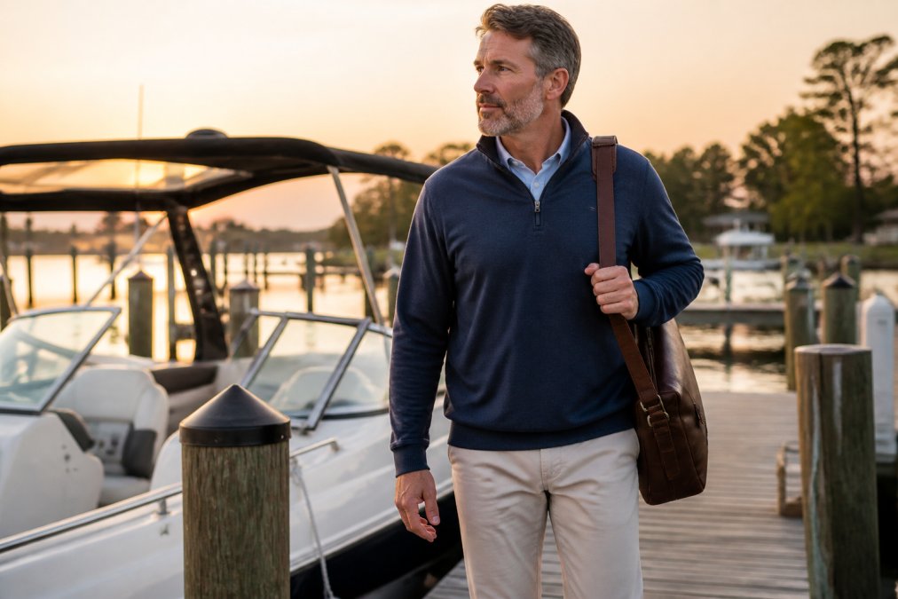 A man in his forties wearing a clean quarter-zip pullover over a collared shirt, standing on a boat dock at golden hour with a laptop bag slung over one shoulder, suggesting the transition from work to weekend