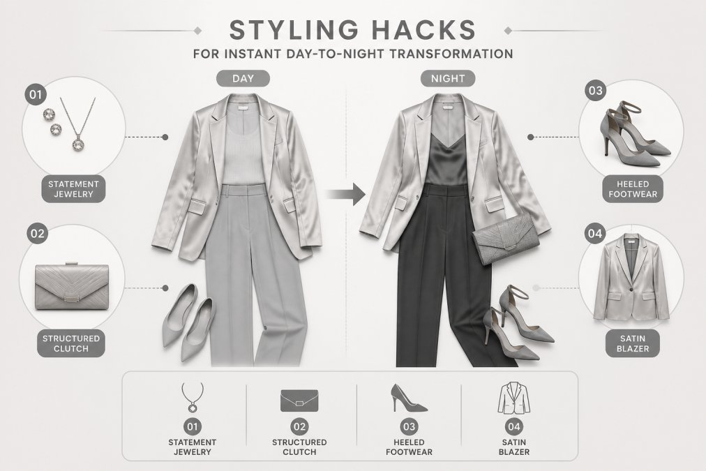 Flat lay arrangement on neutral background showing accessories for day-to-night transition: statement jewelry, structured clutch, heeled footwear, and a satin blazer arranged to show styling potential