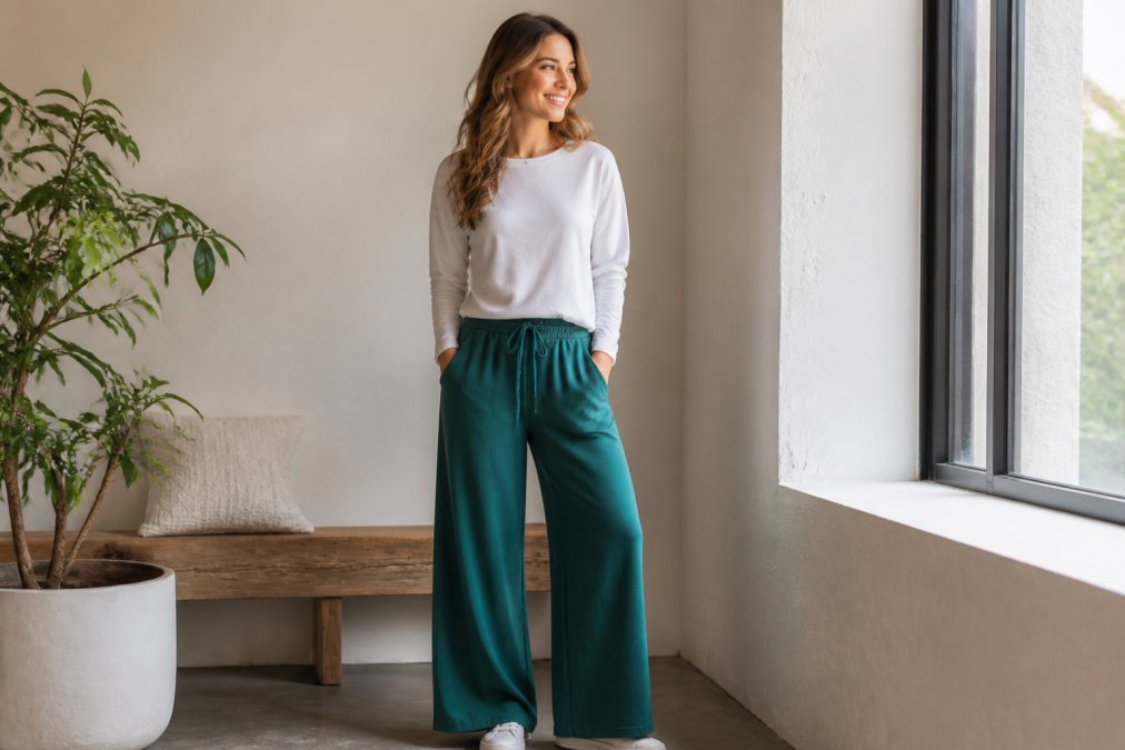 Woman wearing wide-leg casual pants in peacock green paired with a solid-color long-sleeve top in white, standing in natural window light against a neutral backdrop, demonstrating how staple pieces coordinate seamlessly