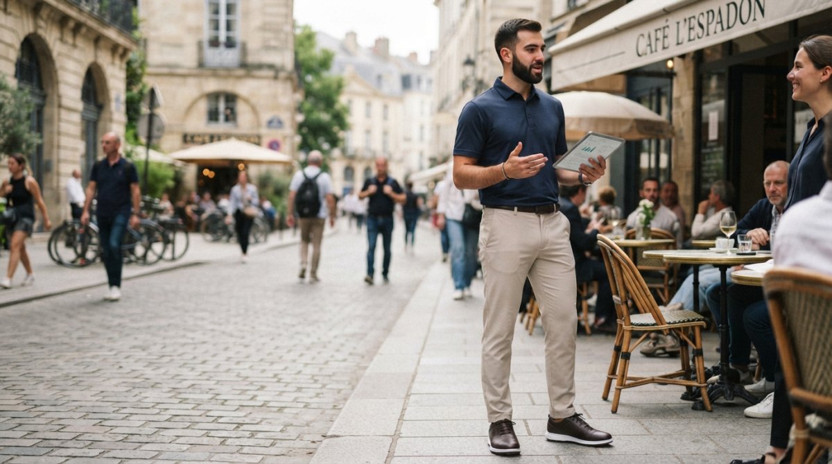 A person wearing a navy polo shirt, tailored khaki chinos, and white spikeless golf shoes standing confidently in a casual urban café setting with natural outdoor lighting