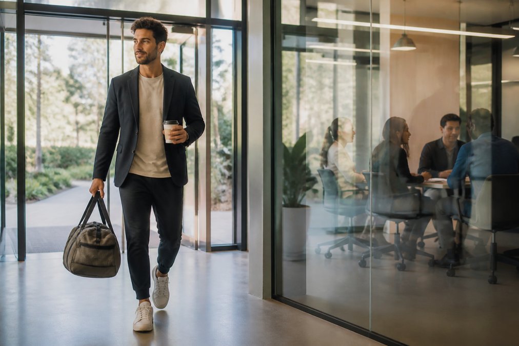 A professional in tailored joggers and a structured blazer walking from a gym bag into a bright office lobby, holding a coffee and a duffel bag, morning light through glass doors