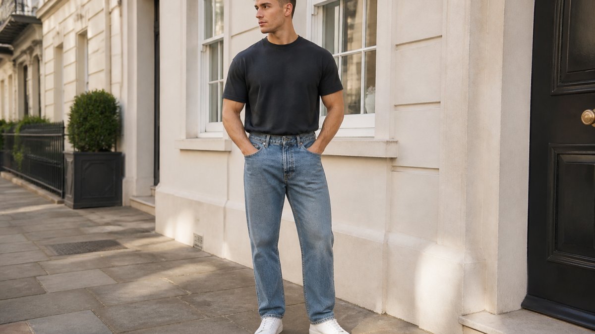 Person wearing a heavyweight cotton gym t-shirt tucked into casual jeans with trainers, standing in relaxed pose in natural daylight that shows the seamless transition from gym wear to everyday clothing