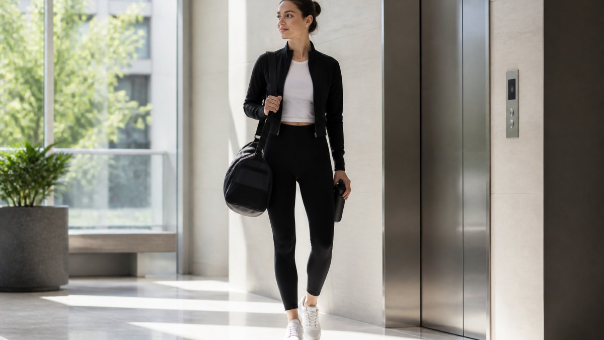 Professional in their 30s wearing a minimalist athleisure outfit and holding a slim gym bag in an office lobby.