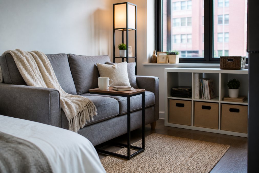 Compact studio apartment living area with a C-shaped side table positioned beside a sofa, a floor lamp with shelves nearby, and organized storage cubes, demonstrating how multiple versatile pieces work together in tight quarters with natural window lighting