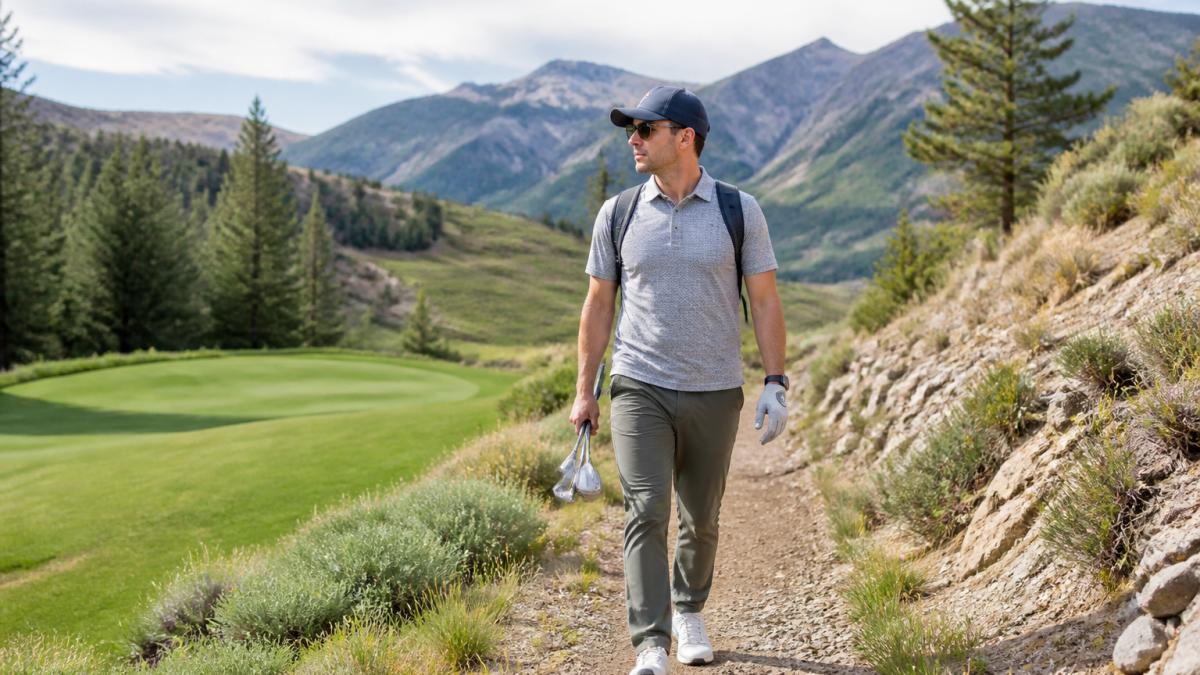 Man wearing performance golf apparel transitioning from manicured fairway to rugged hiking terrain with mountains in background, demonstrating versatility across both environments