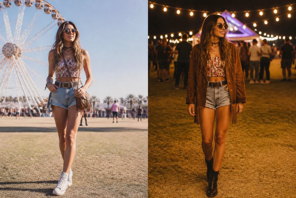 Person wearing daytime festival outfit with crop top and shorts with sneakers in bright sunlight, then the same person in evening wearing the same core pieces with added jacket and boots under warm festival lighting