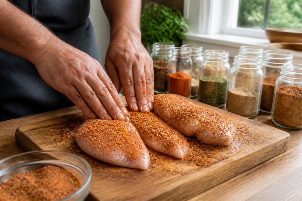 A home cook's hands generously applying a spice rub to chicken breasts on a wooden cutting board, with glass jars of various seasoning blends visible in the background and natural kitchen lighting streaming through a window