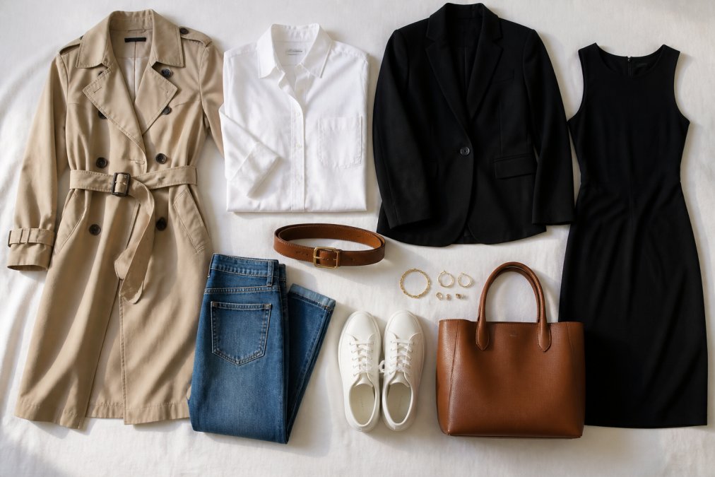 Flat lay of neatly arranged capsule wardrobe essentials on a white surface: a white button-down shirt, straight-leg jeans, a black blazer, a trench coat, and a little black dress, styled with neutral-toned accessories including a tan leather belt and simple gold jewelry, photographed in bright natural light