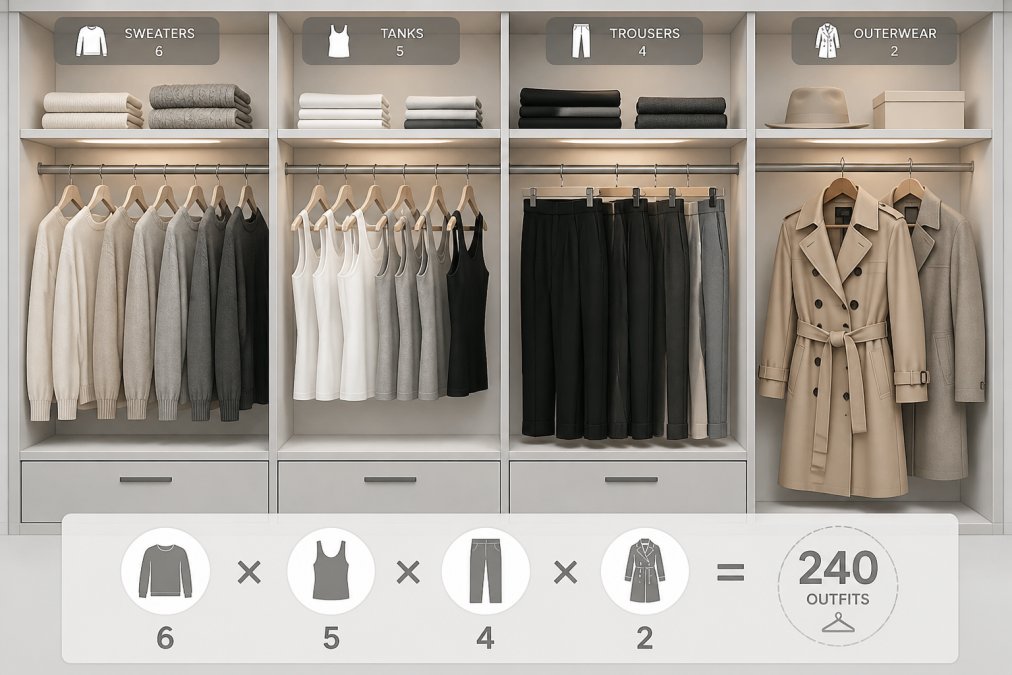 Neatly organized closet interior showing neutral-colored pieces including cream cashmere sweaters, fitted white tanks, black trousers, and a beige trench coat arranged by color and type with warm overhead lighting