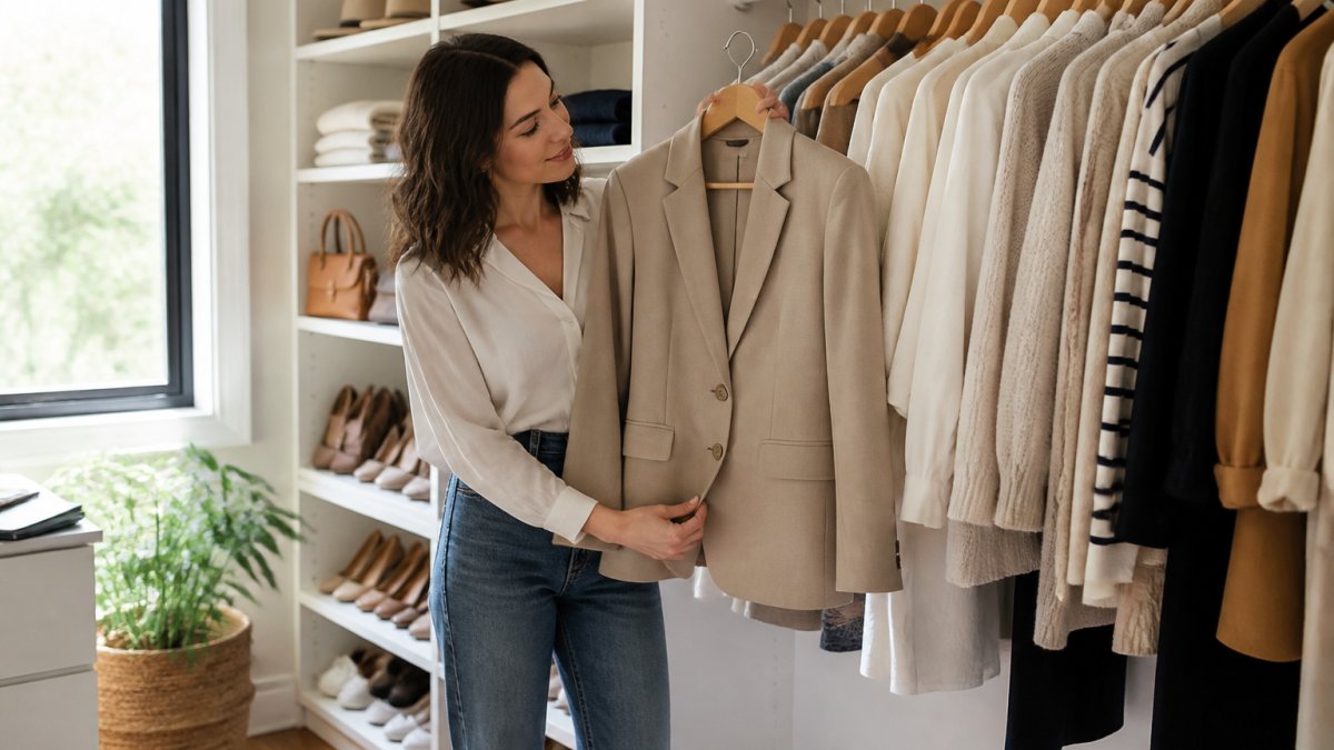 A woman in her 30s standing in a bright walk-in closet, holding a tailored blazer on a hanger next to a rack of neutral-toned clothing, natural light coming through a window
