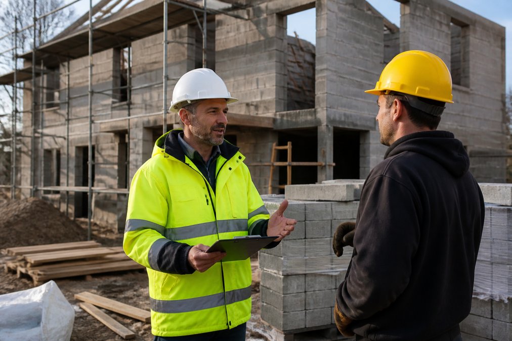 Ervaren bouwcoördinator in veiligheidskleding overlegt op een bouwplaats met een vakman, op de achtergrond de ruwbouw van een woning en gestapelde bouwmaterialen onder natuurlijk daglicht