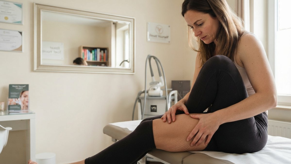 Vrouw onderzoekt de huid op haar bovenbeen in zacht daglicht bij het vergelijken van cellulite en striae.
