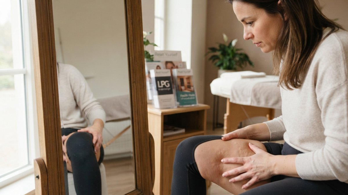 Close-up van een vrouw die de huid op haar bovenbeen bekijkt in een spiegel bij natuurlijk licht, met een rustige, informatieve uitstraling