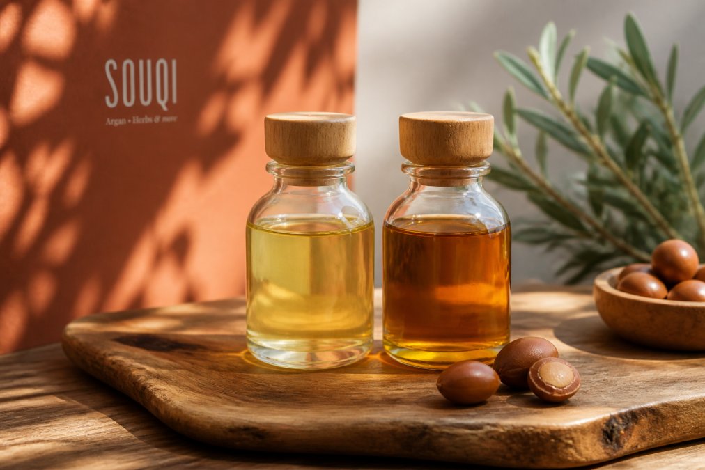 Twee glazen flesjes arganolie naast elkaar op een houten plank: links een lichtgele, heldere cosmetische olie en rechts een donkerdere, amberkleurige culinaire olie, met een paar arganpitten ernaast