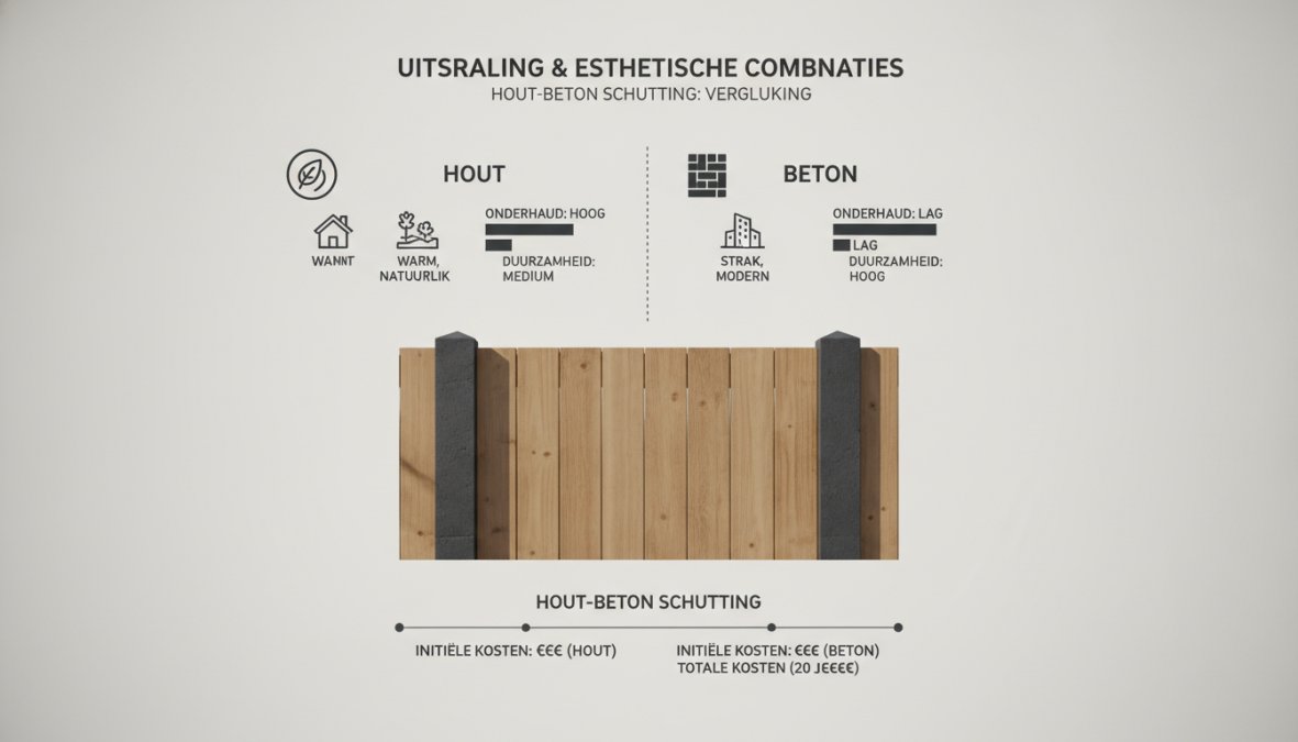 Close-up van een moderne tuinafscheiding met houten panelen op betonnen palen in natuurlijk daglicht, waarbij het contrast tussen de warme houtkleur en grijze beton duidelijk zichtbaar is