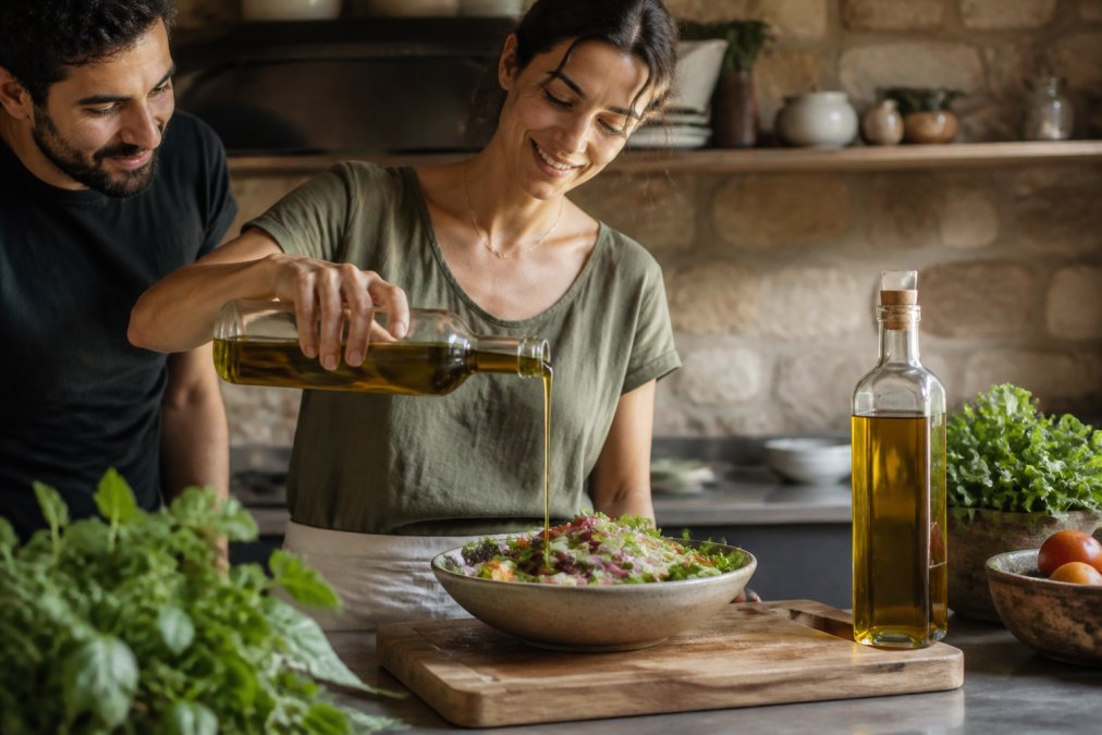 Handen die extra vierge olijfolie voorzichtig over een salade gieten, met een mooie glazen fles op een houten snijplank in warm licht
