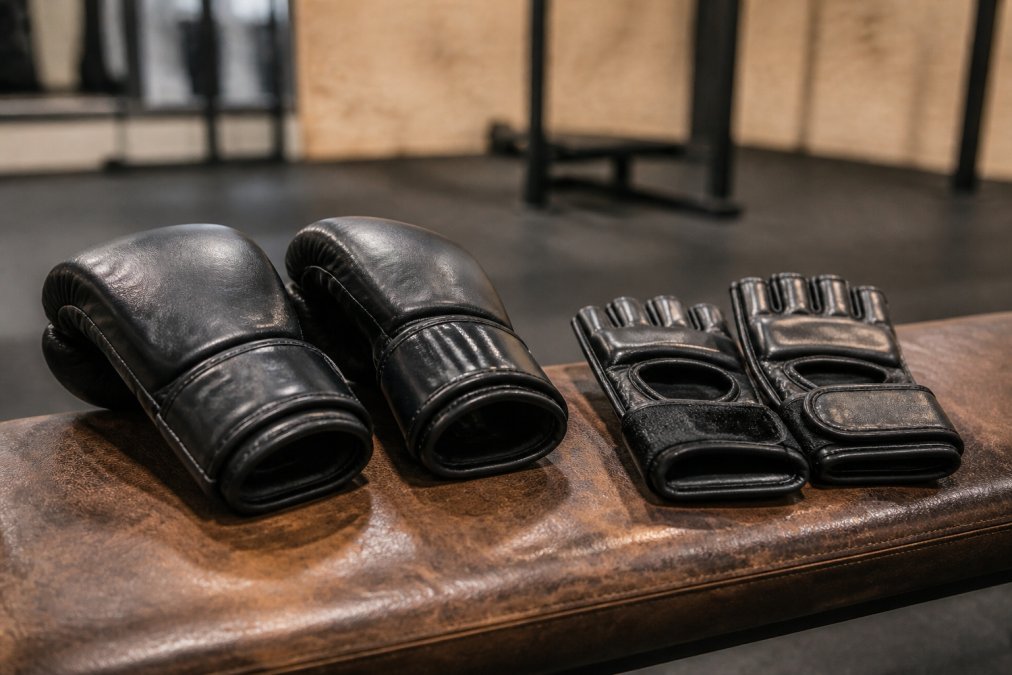 Close-up van twee paar handschoenen op een bank in een sportschool: links een zware bokshandschoen met dikke padding, rechts een MMA-handschoen met open handpalm en slanke knokkelbescherming, warm tl-licht