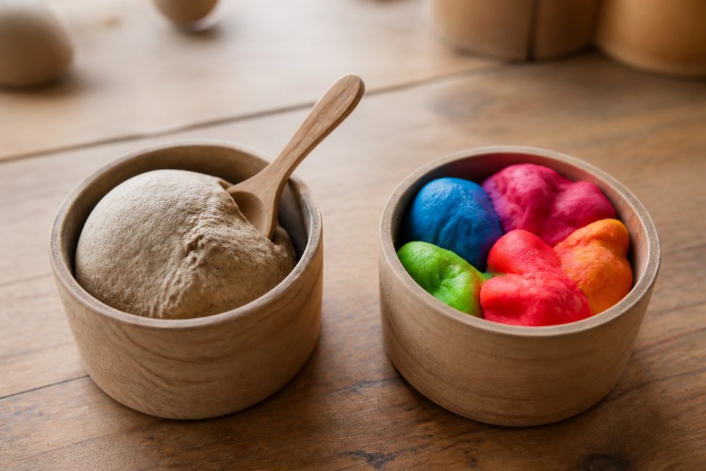 Close-up van twee potten speelklei naast elkaar op een houten tafel in natuurlijk daglicht: links een pot met naturelkleurige, ambachtelijk ogende klei met een houten lepel, rechts een pot met felgekleurde, synthetisch ogende klei