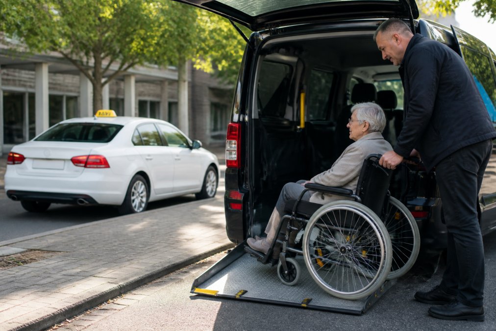 Een ervaren chauffeur helpt een oudere mevrouw in een rolstoel veilig de oprijplaat van een aangepaste taxibus op, terwijl een reguliere taxi op de achtergrond staat