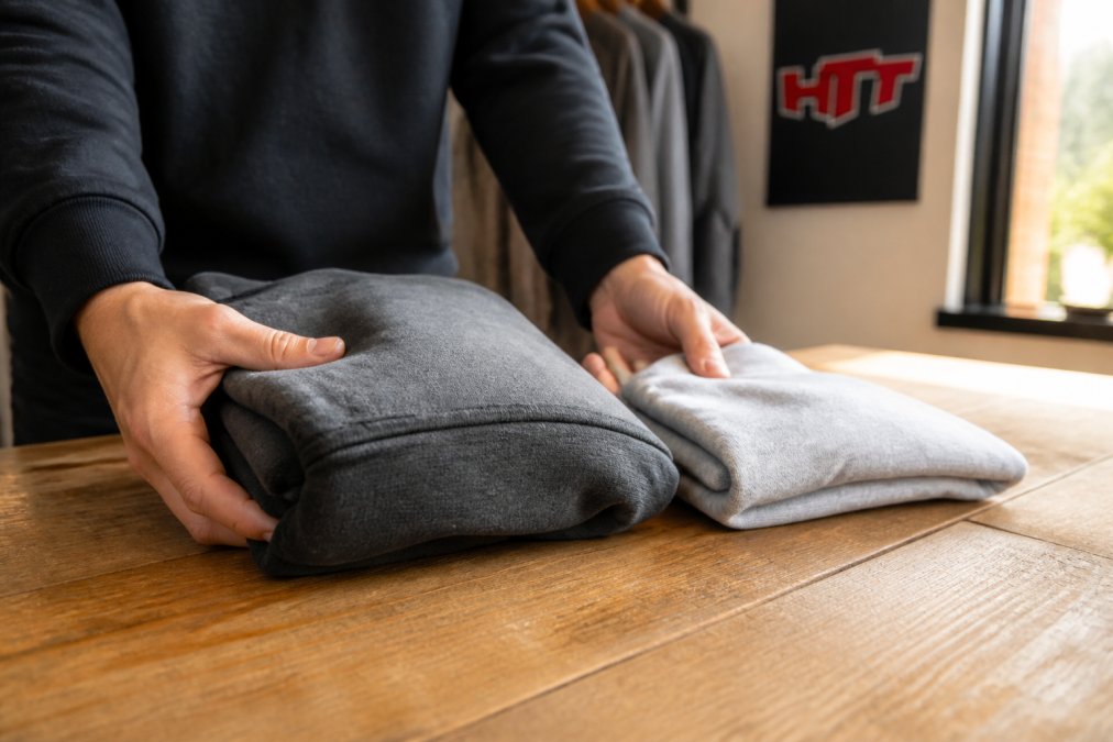 Primo piano di mani che confrontano due felpe con cappuccio diverse, una delle quali risulta più spessa e pesante dell’altra, su un tavolo di legno con luce naturale