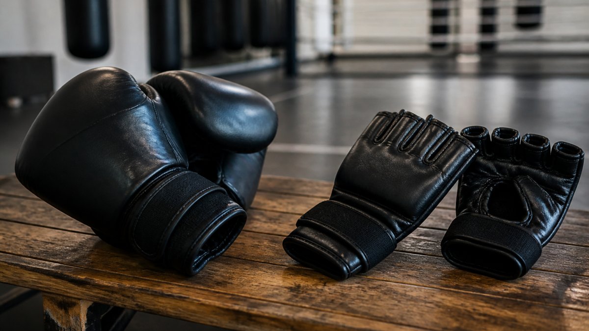 Close-up van twee paar vechtsporthandschoenen naast elkaar op een houten bankje in een gym: een paar gesloten kickbokshandschoenen en een paar MMA-handschoenen met open handpalm en open vingers, met zachte gymverlichting op de achtergrond