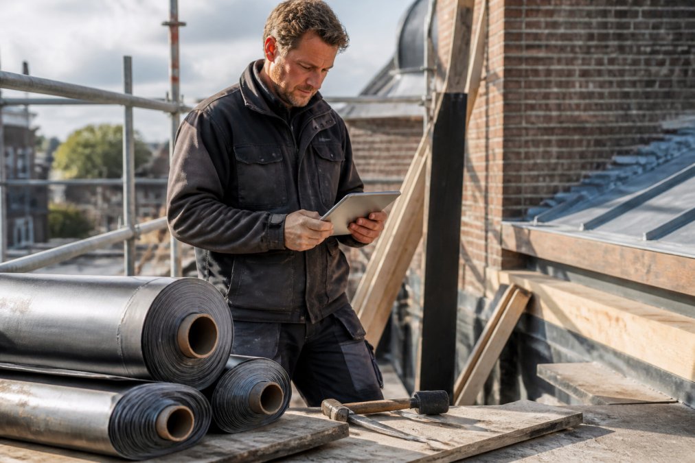 Een bouwprofessional in werkkleding die op een bouwlocatie op een tablet een offerteaanvraag bekijkt, met stapels lood op rol en gereedschap op de achtergrond, natuurlijk daglicht