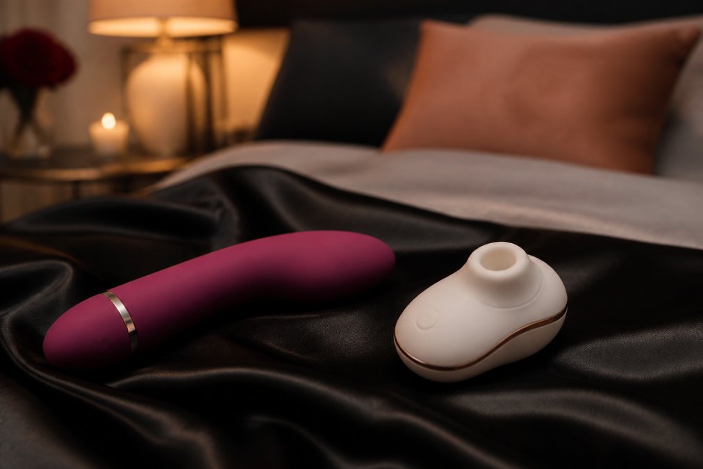 Twee stijlvolle seksspeeltjes naast elkaar op een donkere zijden doek, een klassieke vibrator en een compacte luchtdrukstimulator, zacht verlicht in een warme slaapkameromgeving