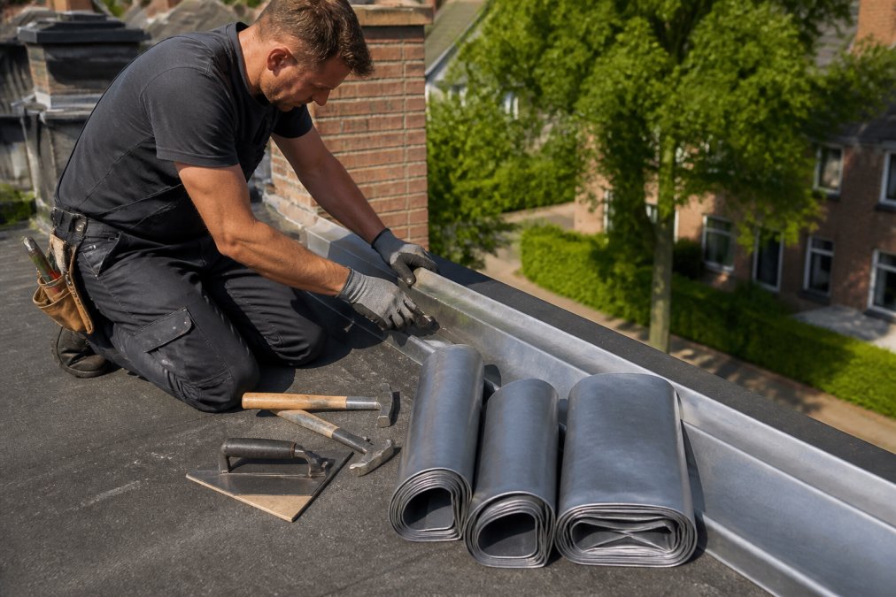 Loodklopper demonstreert voorzichtig het aanbrengen van bladlood op een dakrand met professionele gereedschappen en beschermende handschoenen, zonnig weer