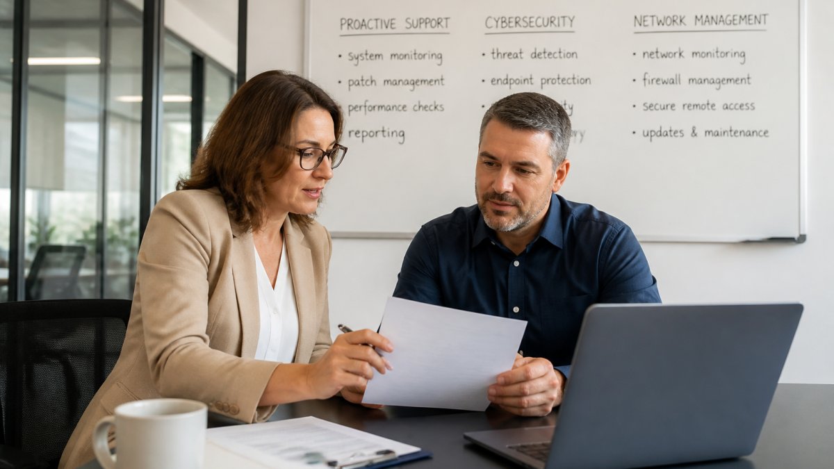 Two business professionals in a modern office comparing documents and a laptop screen, with a whiteboard in the background showing service notes