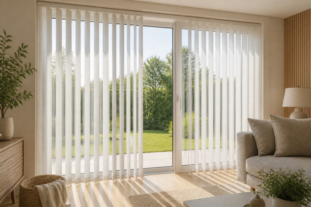 A bright modern living room with floor-to-ceiling patio doors dressed in white vertical blinds, partially open to reveal a sunlit garden outside, warm natural light streaming across pale wooden flooring
