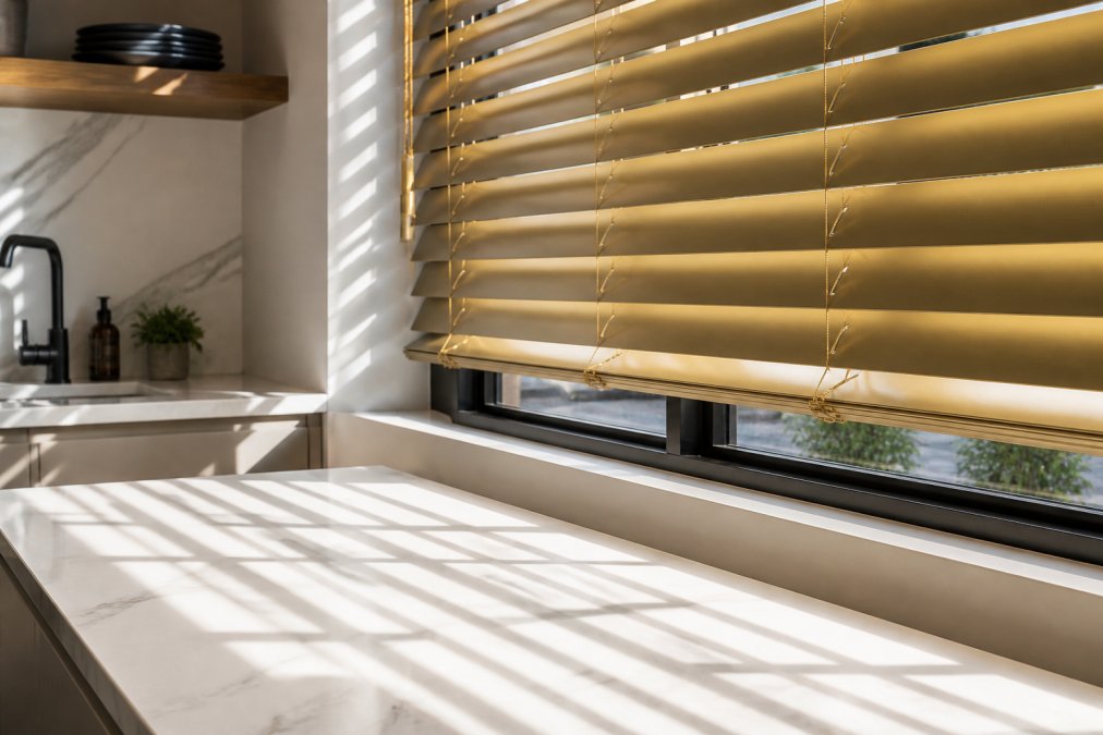 Close-up of gold shimmer aluminium venetian blind with 25mm slats tilted at an angle, casting soft parallel bands of warm light across a white kitchen worktop beneath a modern window
