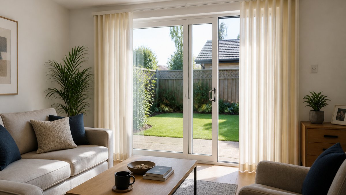 A bright living room with cream vertical blinds pulled back from a wide patio door, a sofa and coffee table in the foreground, daylight filling the room