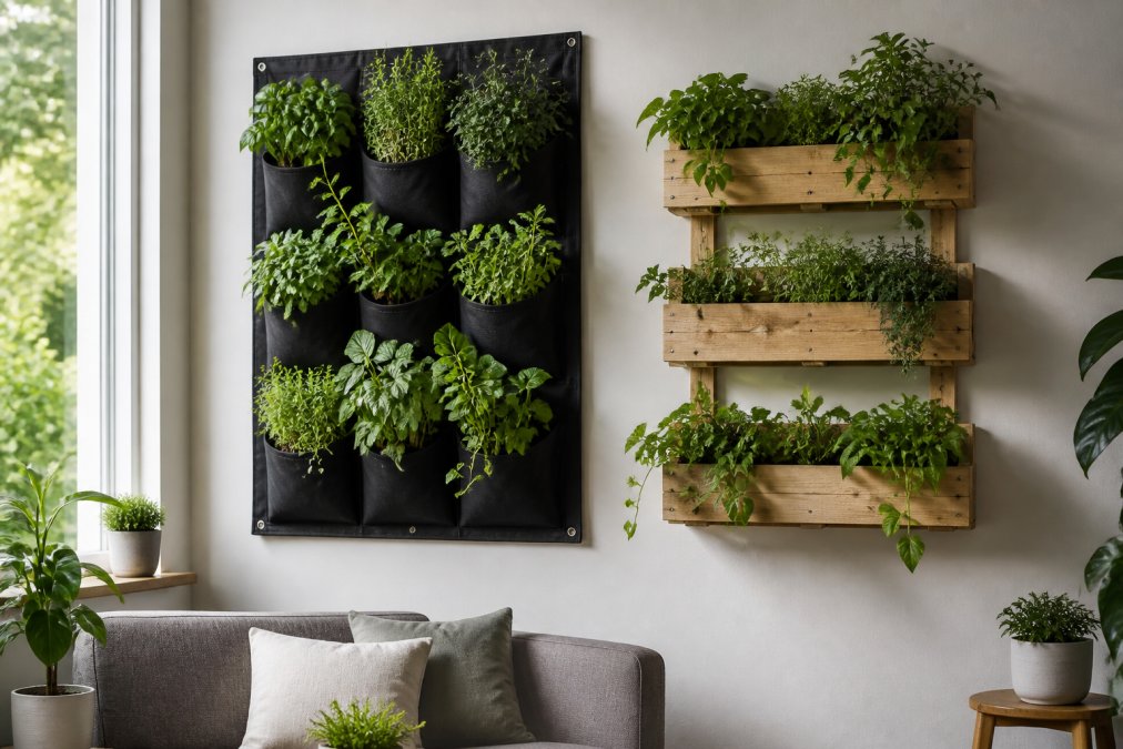 Bright living room wall with a ready-made vertical garden kit on one side and handmade wooden wall planters on the other, each holding small green plants, natural daylight from a window
