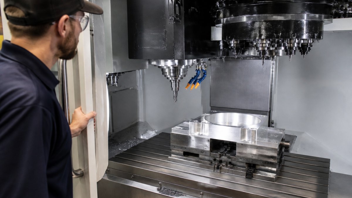 Professional technician operating vertical machining center, monitoring spindle rotation and tool changer in action, with precision workpiece clamped on horizontal table under bright shop lighting