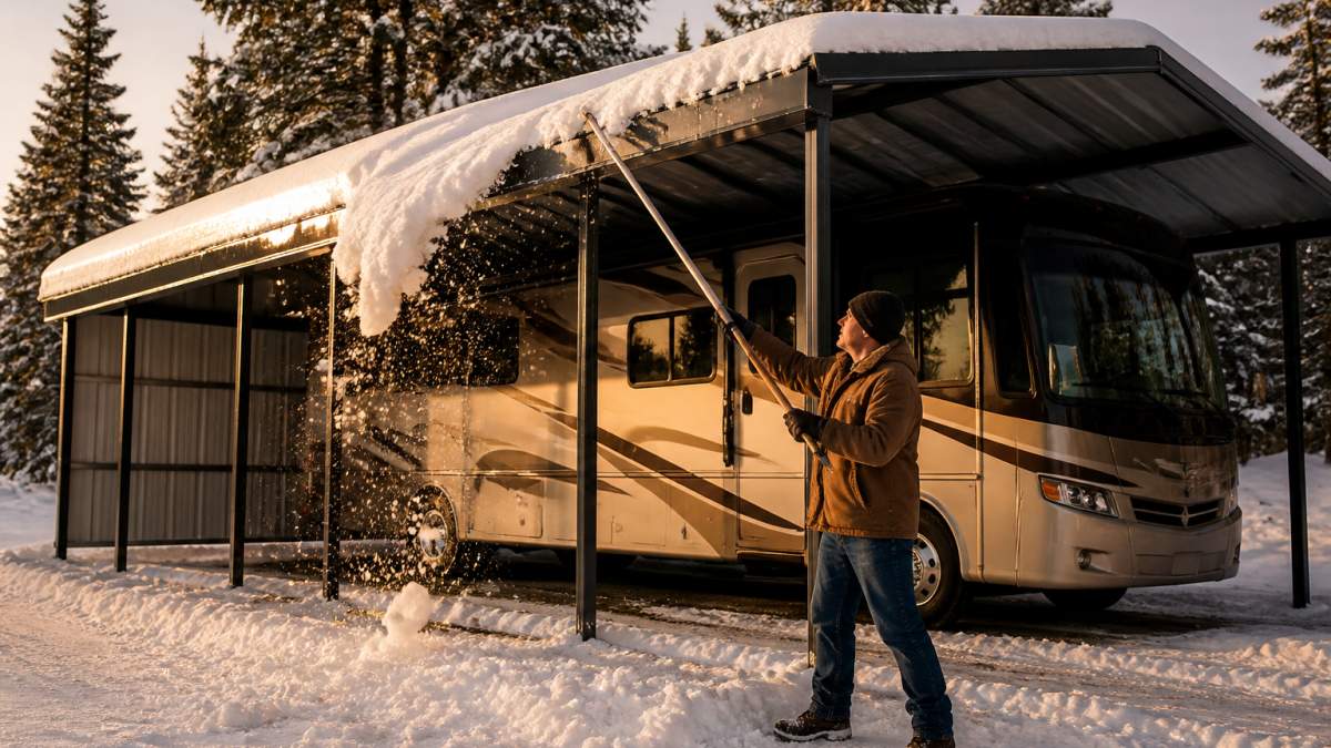 A metal carport with a vertical roof in a snowy rural setting, snow sliding off the panels, with an RV parked underneath and pine trees in the background