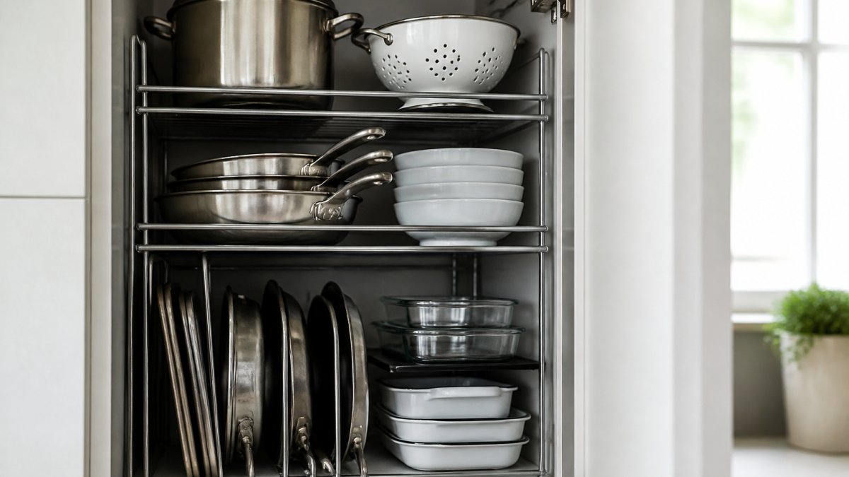 Diagram illustrating how tiered metal shelves maximize vertical space for storing stacked pots and dishes in narrow cabinets