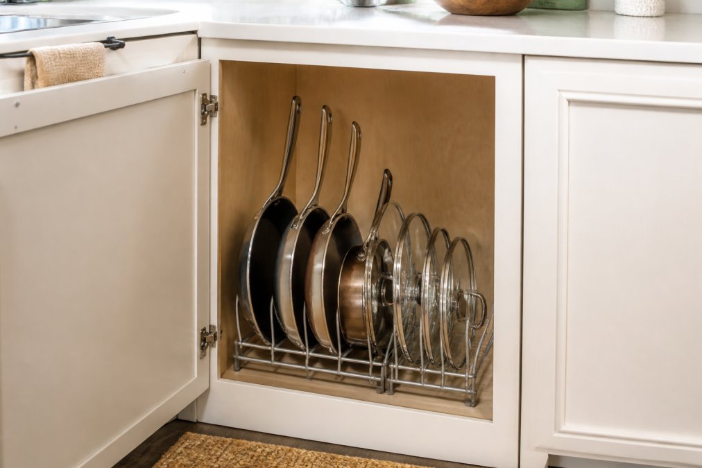 A well-organized kitchen cabinet with a vertical wire rack holding several frying pans and pots upright, with lids stored separately in a divider, shot in natural daylight
