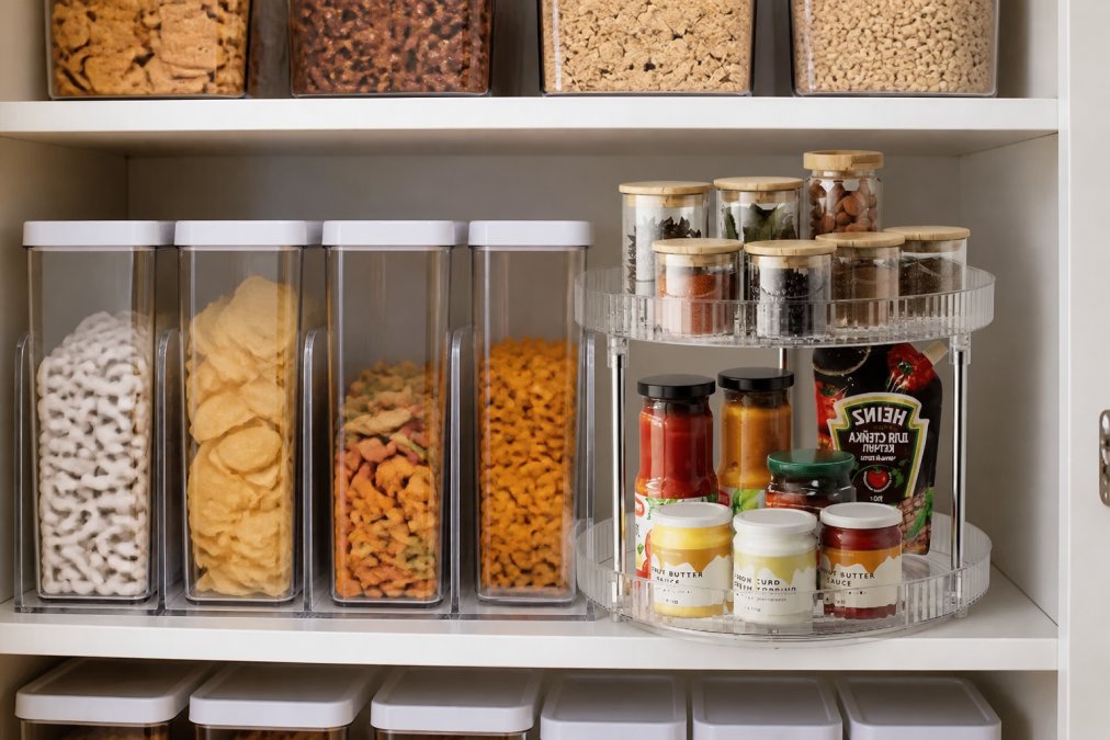 Close-up of an organized deep pantry shelf with clear labeled plastic containers stacked strategically, shelf dividers separating snack categories, and items arranged front-to-back in descending height order for full visibility